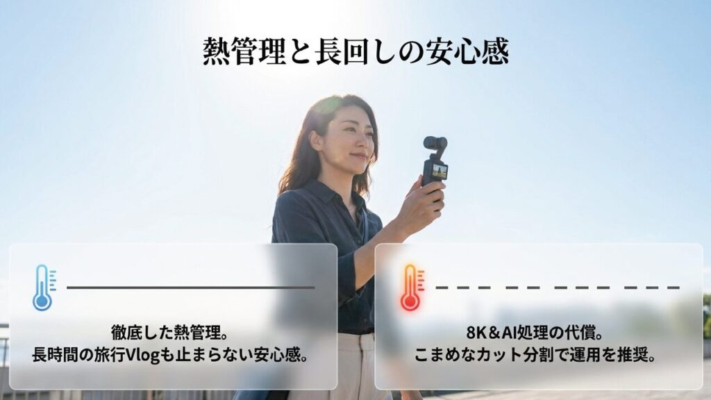 熱管理と長回し撮影の安心感 徹底した熱管理による長時間撮影の安心感とこまめなカット分割の推奨を示す図