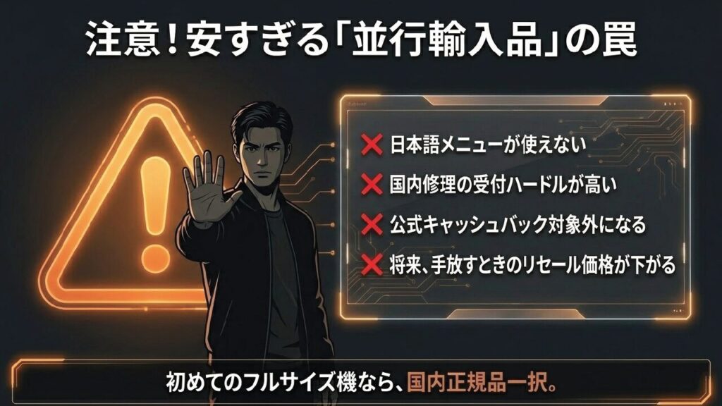 日本語メニュー不可、国内修理ハードル高、キャッシュバック対象外、リセール下落など、並行輸入品の4つの罠をまとめたスライド
