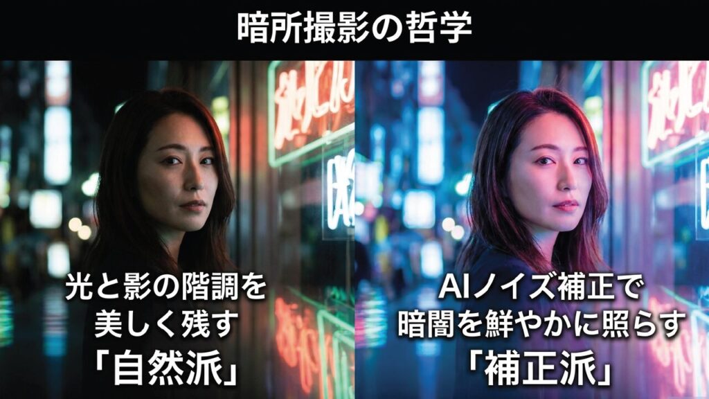 暗所撮影における画作りの哲学 自然な階調を残す表現とAIノイズ補正による鮮やかな表現の違い