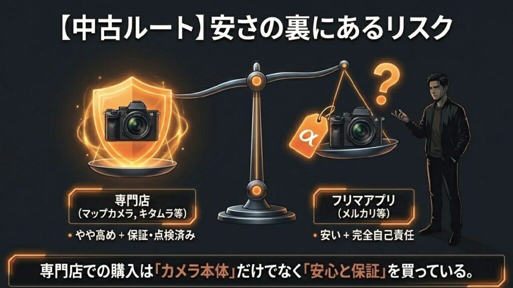 天秤のイラスト。専門店（保証・点検済みで安心）とフリマアプリ（安いが完全自己責任）を比較した図