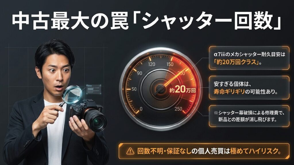 シャッター回数のインジケーター。α7iiiの耐久目安は約20万回で、寿命ギリギリの個体や破損による修理費リスクを警告する図
