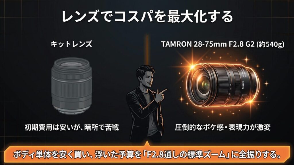 TAMRON 28-75mm F2.8 G2のレンズ画像。圧倒的なボケ感と表現力をアピールするグラフィック