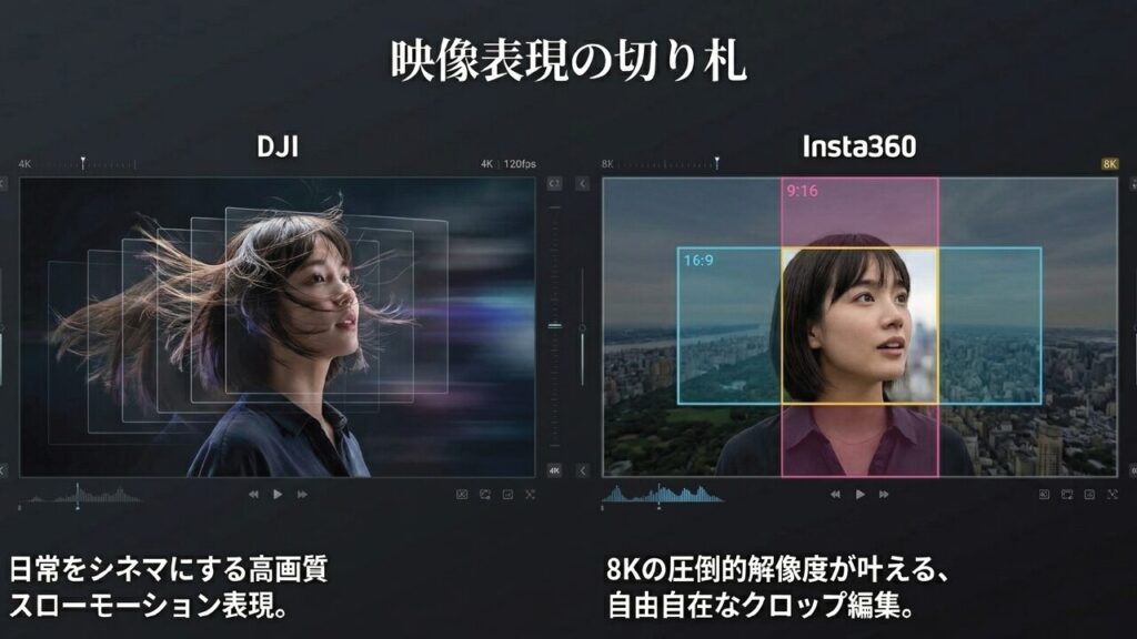 スローモーションと8Kクロップの映像表現 4K120fpsのスローモーション表現と8K解像度を活かしたクロップ編集の比較