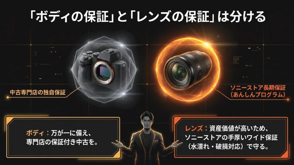 ボディは中古専門店の独自保証、レンズは資産価値が高いためソニーストア長期保証（あんしんプログラム）で分ける戦略の図
