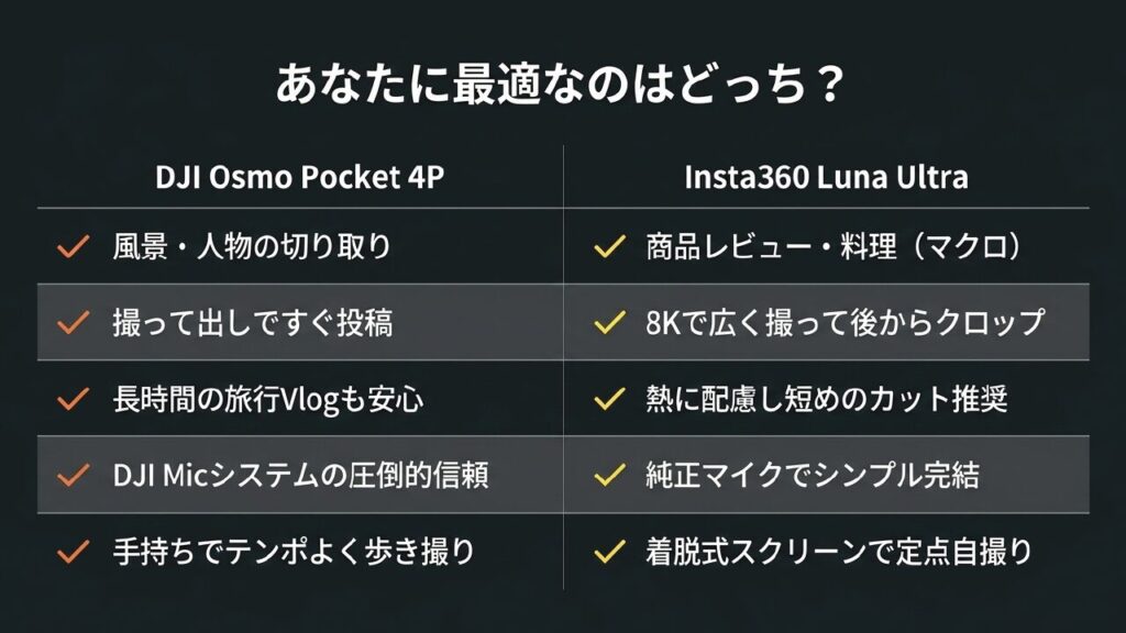 あなたに最適なカメラの選び方まとめ表 撮影スタイルや目的別に合わせたDJIとInsta360のおすすめ比較表