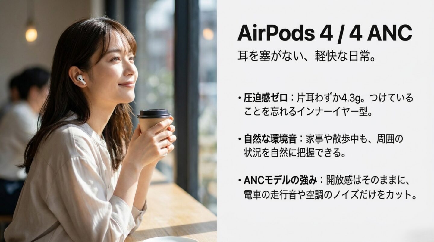 AirPods 4とAirPods 4 ANCの特徴 耳を塞がないAirPods 4とAirPods 4 ANCの軽さや自然な外音、ノイズ低減の特徴