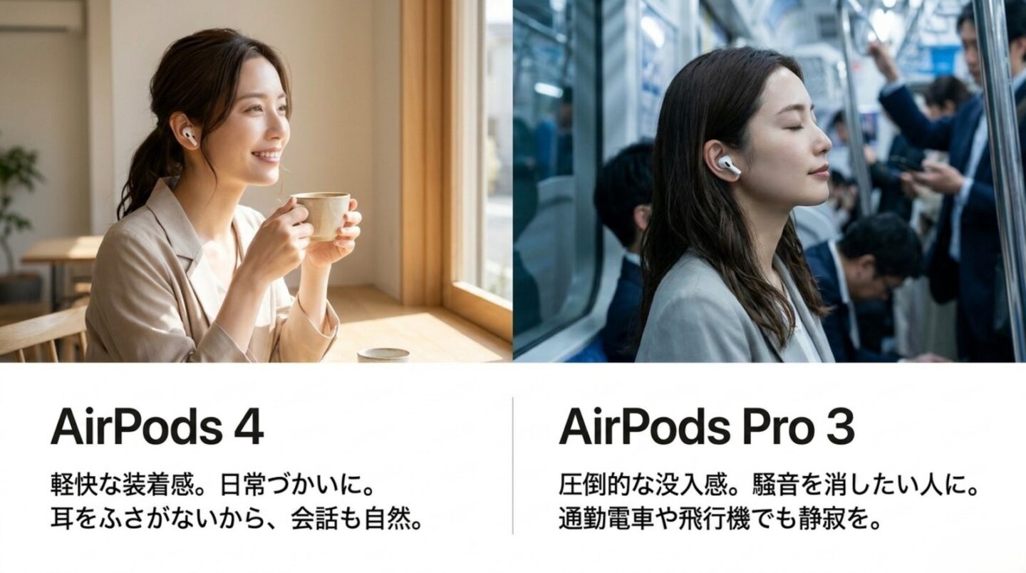AirPods 4とAirPods Pro 3の装着感と利用シーン カフェでAirPods 4を使う女性と電車でAirPods Pro 3を使う女性の比較