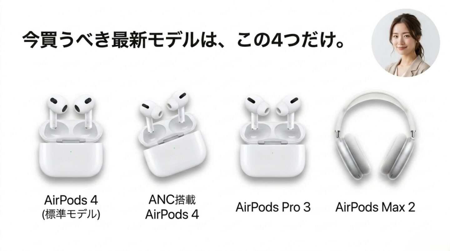2026年に購入候補となるAirPods最新4機種 AirPods 4標準モデル、ANC搭載AirPods 4、AirPods Pro 3、AirPods Max 2の4機種