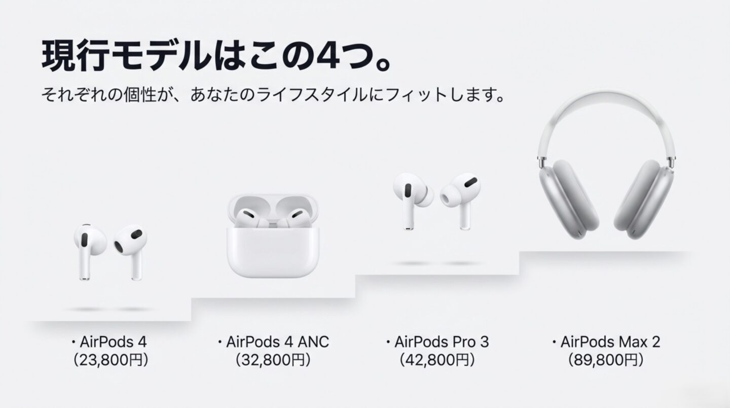 現行AirPods全4モデル比較 AirPods 4、AirPods 4 ANC、AirPods Pro 3、AirPods Max 2の現行4モデルと価格