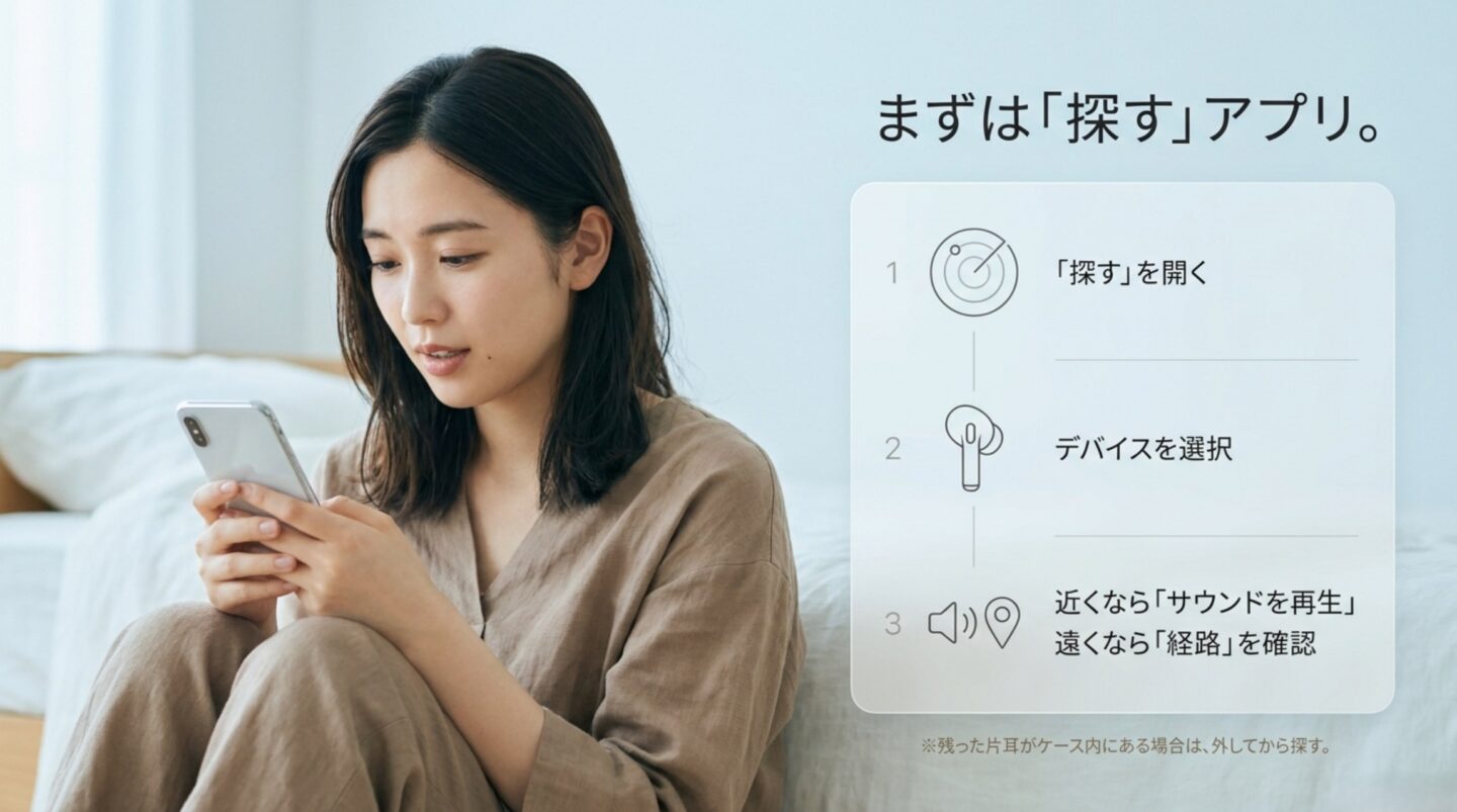 探すアプリを開き、AirPodsを選び、サウンド再生または経路確認を行う3つの手順