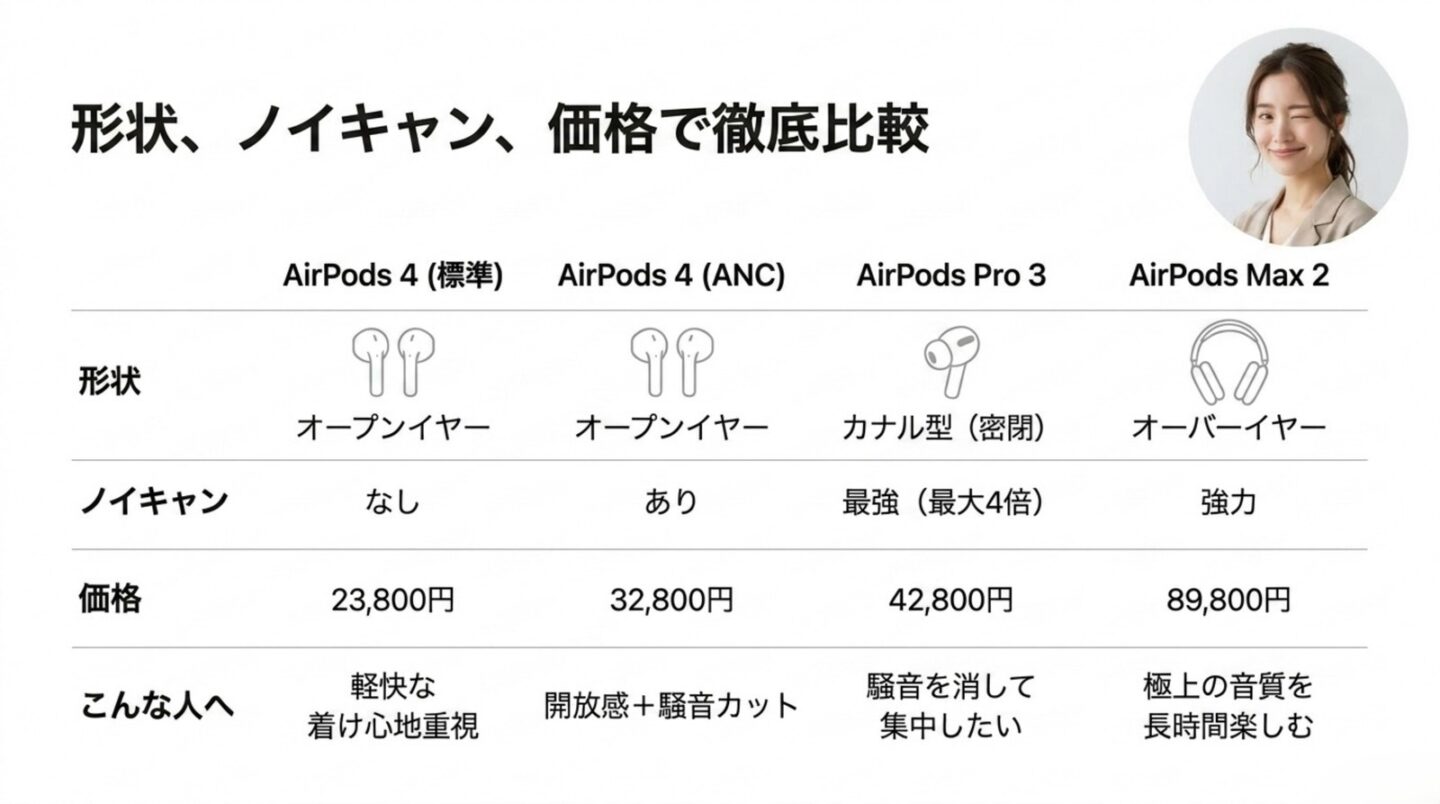 AirPods最新4機種の形状・ノイズキャンセリング・価格比較 AirPods 4、ANC搭載AirPods 4、AirPods Pro 3、AirPods Max 2の形状とノイズキャンセリングと価格の比較