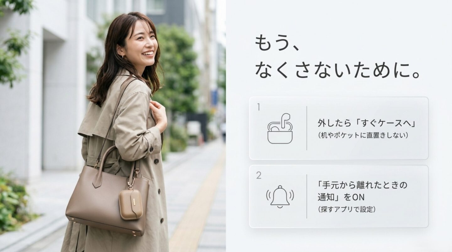 AirPodsを外したらすぐケースへ戻し、探すアプリの手元から離れたときの通知を有効にする紛失防止策