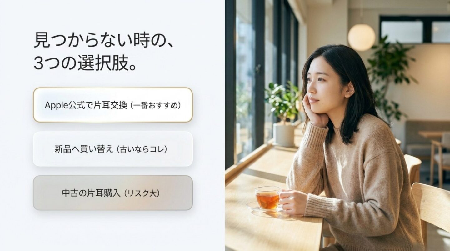 見つからないAirPodsに対するApple公式の片耳交換、新品への買い替え、中古片耳購入の3つの選択肢