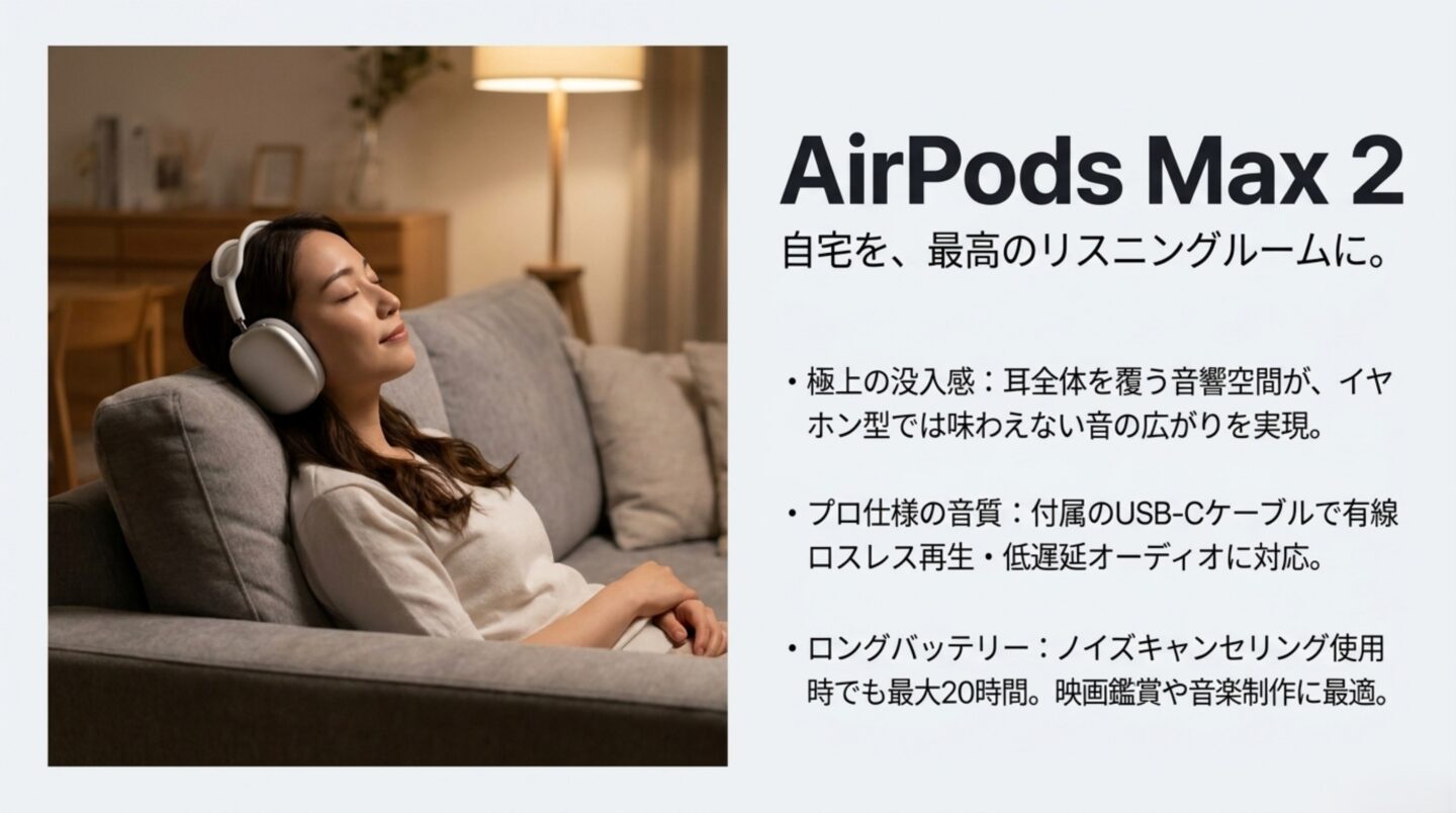 AirPods Max 2の音質と用途 AirPods Max 2の没入感、有線ロスレス、低遅延、最大20時間再生を解説したスライド