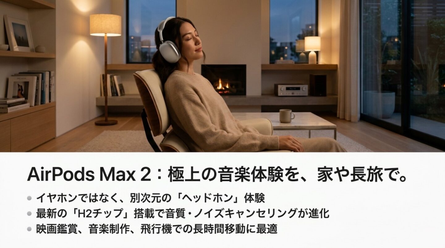 AirPods Max 2の音楽体験と向いている使い方 自宅でAirPods Max 2を装着して音楽を楽しむ女性と主な特徴