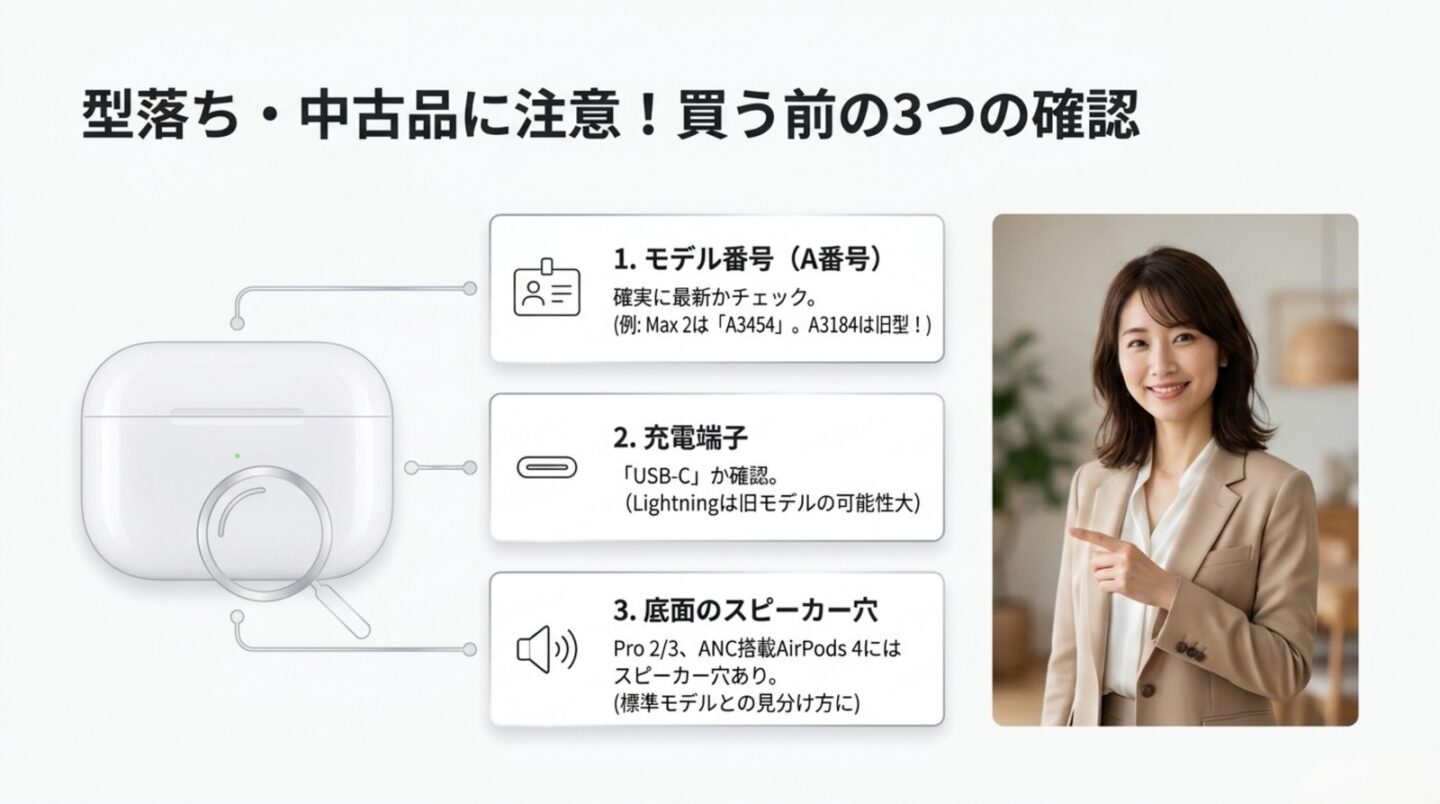 型落ちAirPodsを避けるモデル番号とUSB-Cの確認方法 AirPods購入前にモデル番号、USB-C充電端子、ケース底面のスピーカー穴を確認する方法