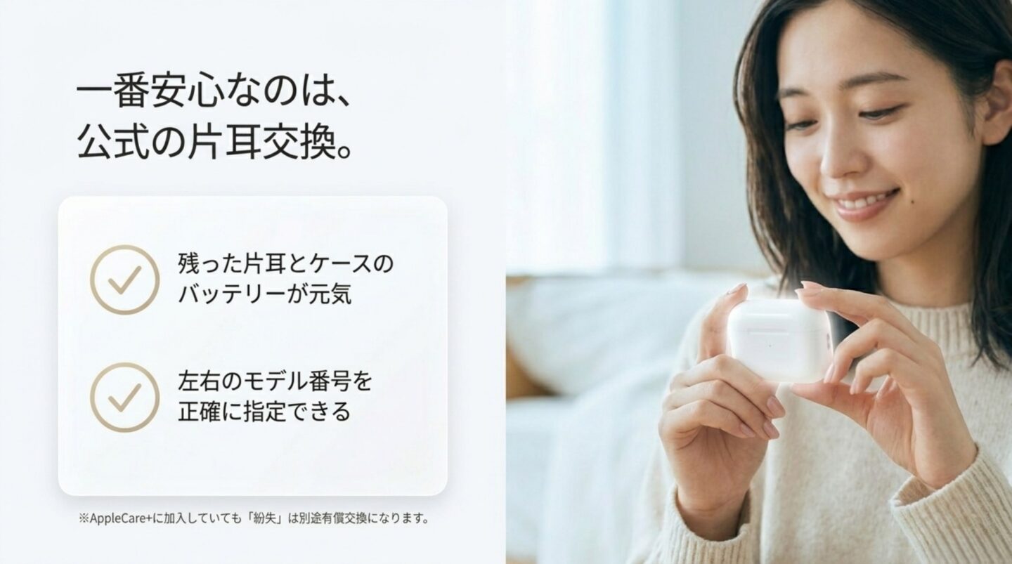残ったAirPodsと充電ケースのバッテリーが正常で、モデル番号を確認できる場合は公式交換が向いていることを示す画像