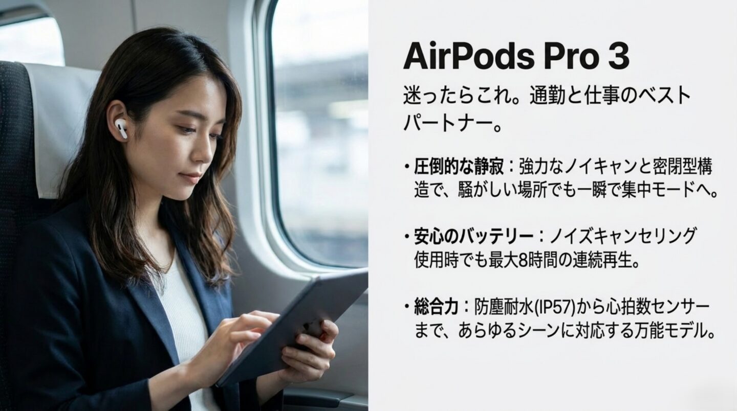 AirPods Pro 3がおすすめの人 強力なノイズキャンセリング、最大8時間再生、IP57、心拍数センサーを備えるAirPods Pro 3