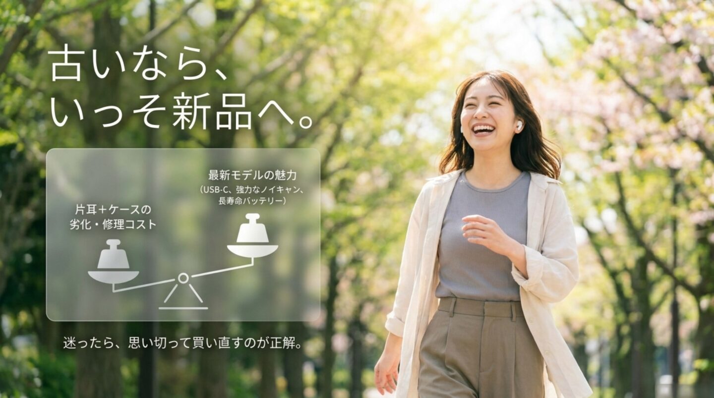 片耳と充電ケースの劣化や交換費用と、USB-Cやノイズキャンセリングを備えた新品AirPodsの価値を比較するイメージ