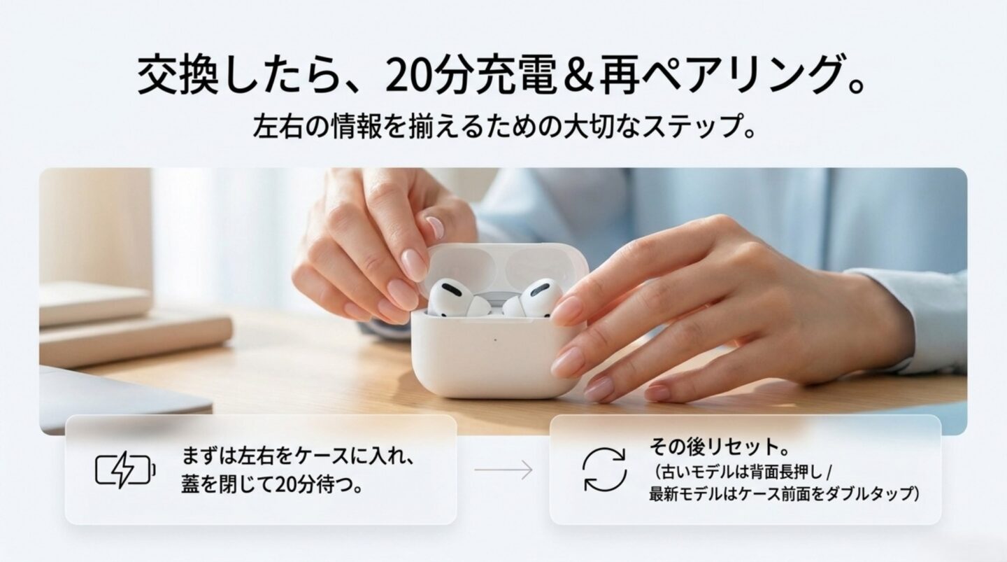 交換したAirPodsを左右とも充電ケースに入れて20分充電し、リセットして再ペアリングする手順
