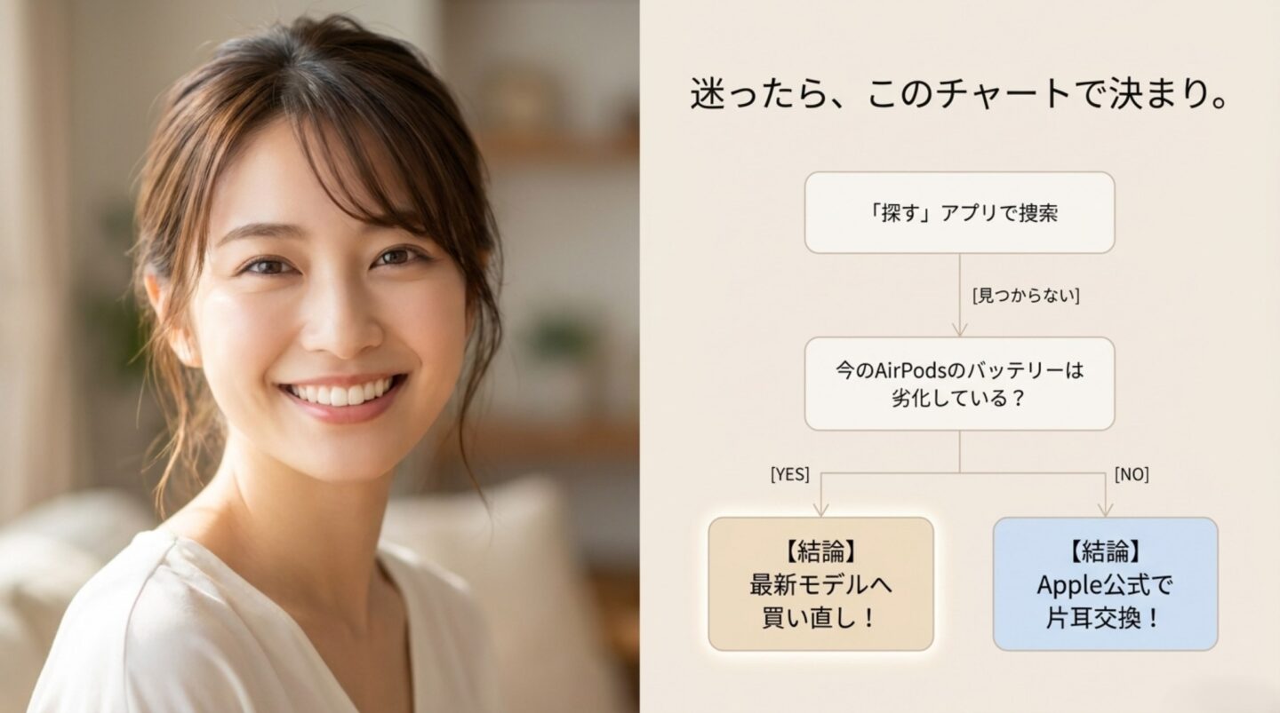 探すアプリで検索し、残ったAirPodsのバッテリー劣化に応じて片耳交換または新品買い直しを選ぶ判断チャート