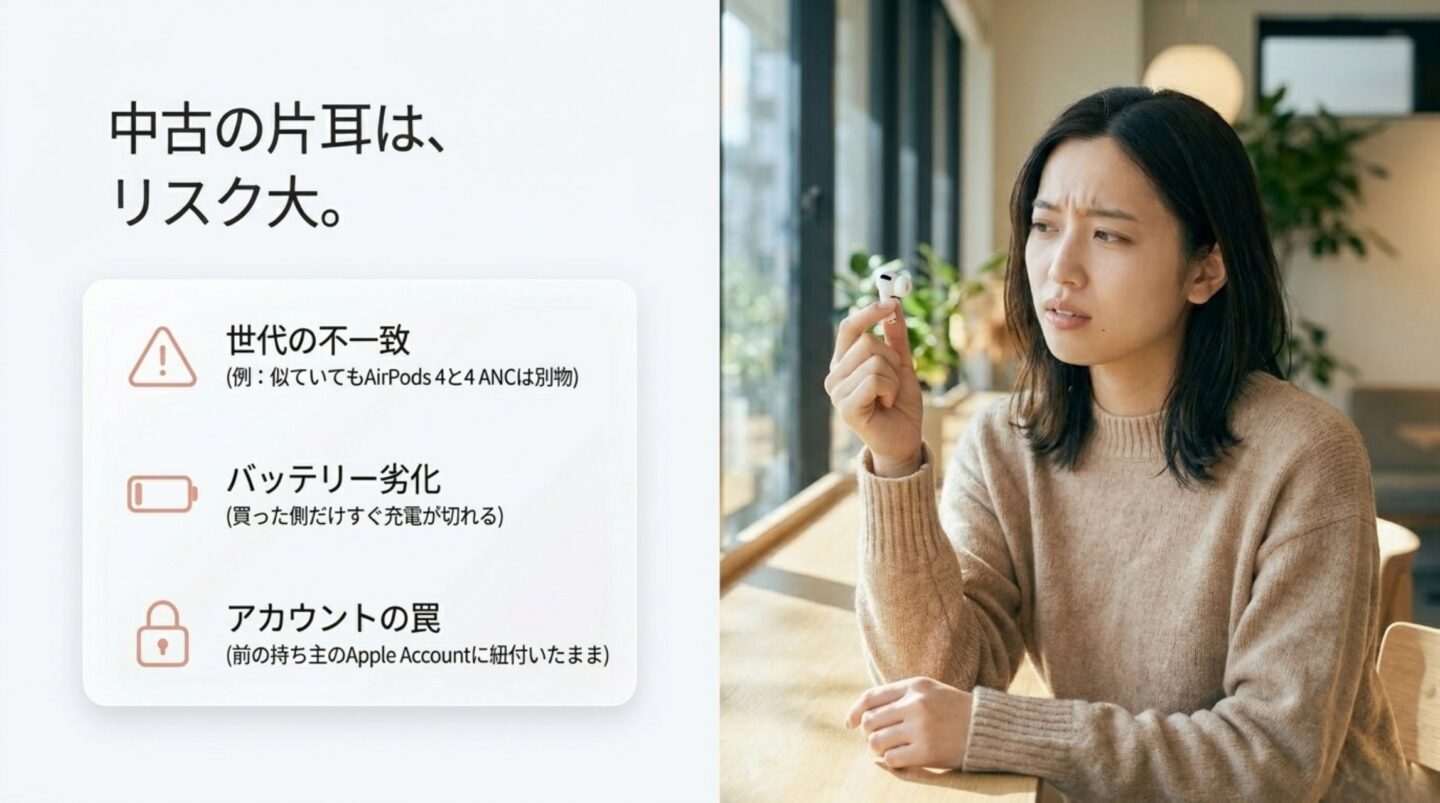 中古のAirPods片耳購入で起こりやすい世代の不一致、バッテリー劣化、Apple Account関連付けのリスク
