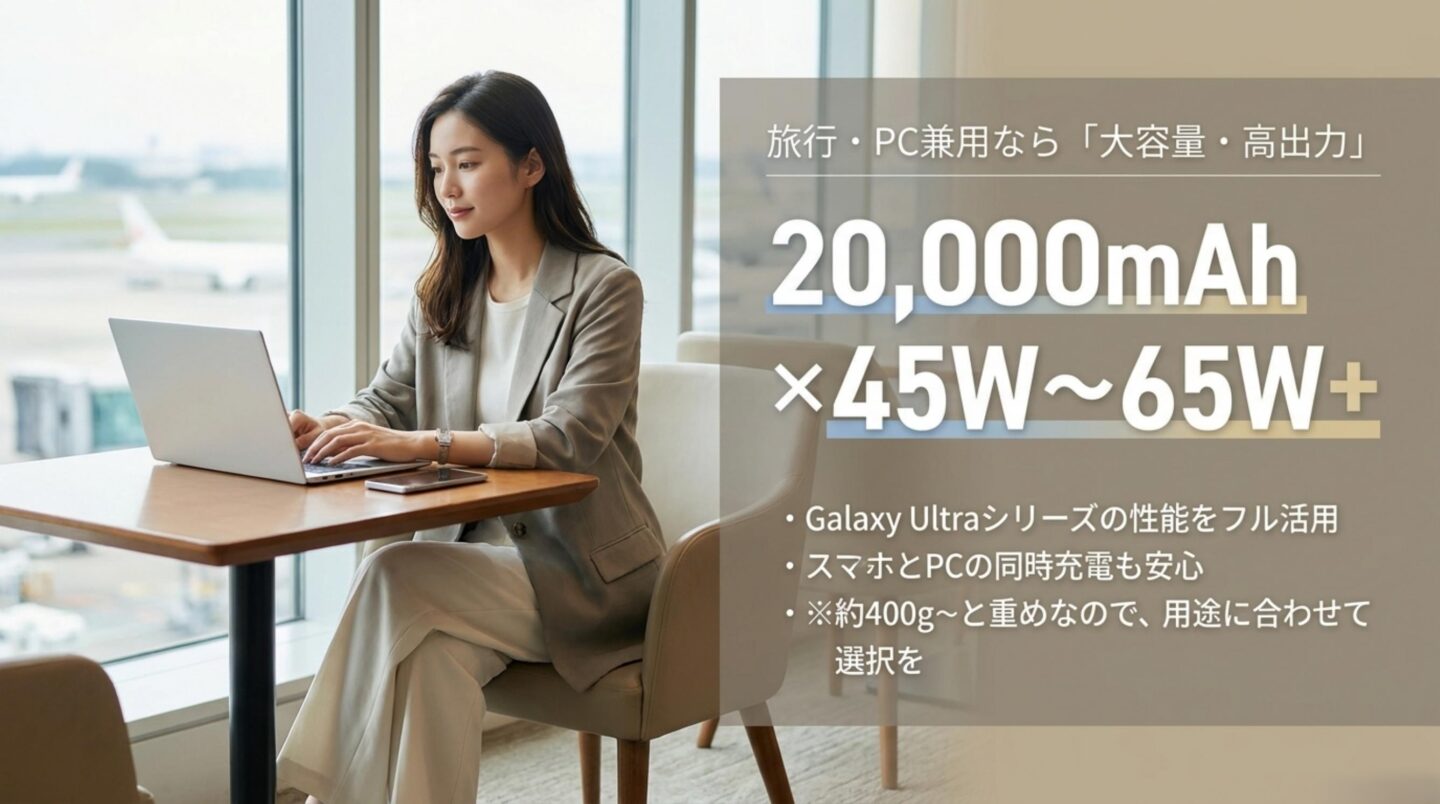 旅行やパソコン併用には20000mAhで45Wから65W以上の大容量高出力モデルが向くと示すスライド