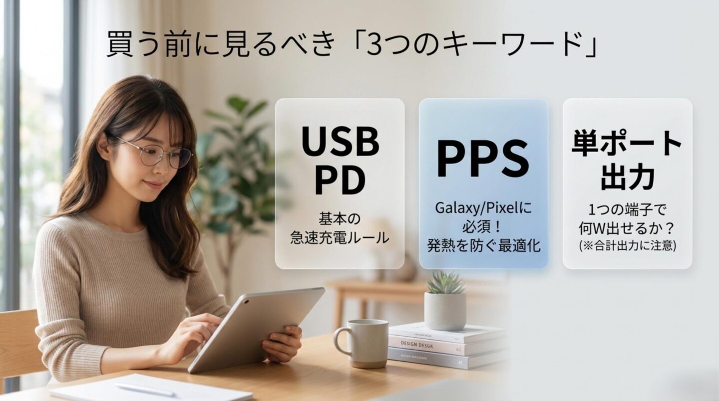 Android用モバイルバッテリー購入前にUSB PDとPPSと単ポート出力を確認するスライド