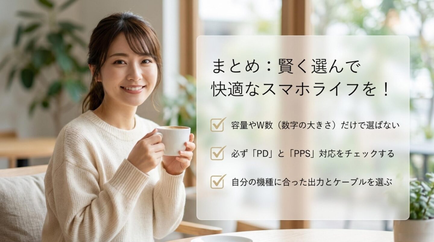 容量やワット数だけでなくPDとPPSと機種に合う出力とケーブルを確認する選び方のまとめスライド