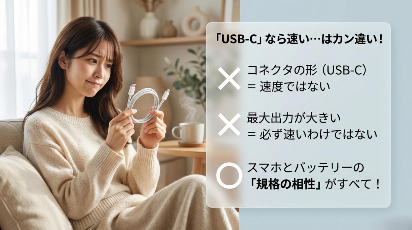 USB-C端子や最大出力だけでは充電速度を判断できず規格の相性が重要と説明するスライド