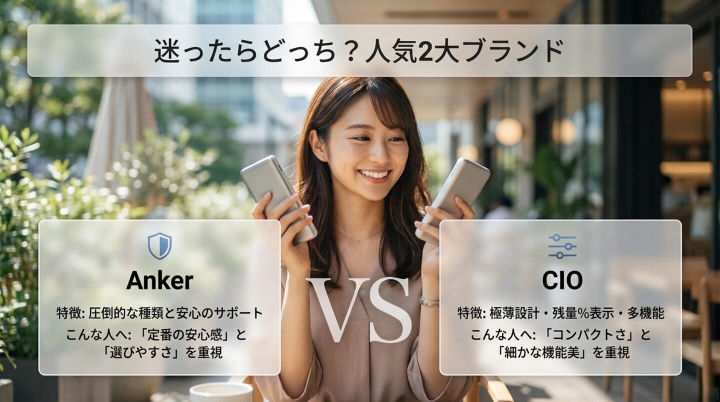 Ankerは種類とサポート、CIOは薄型設計と多機能性が強みであることを比較したスライド