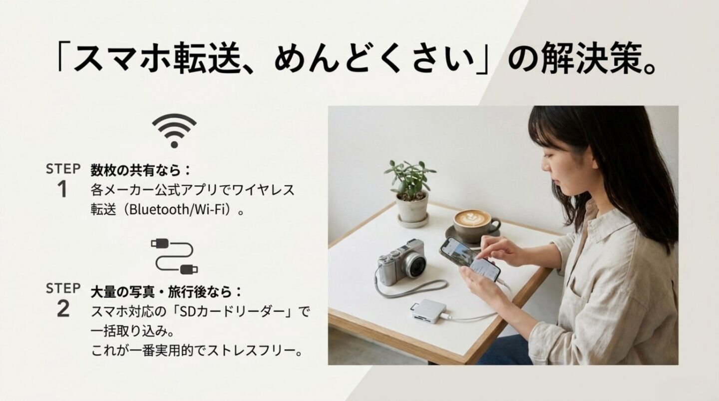コンデジからスマホへ写真を転送する方法として公式アプリとSDカードリーダーを使い分ける図
