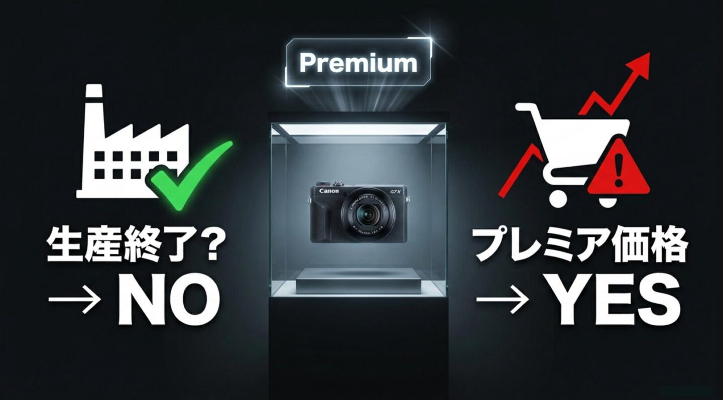G7 X Mark IIIの生産状況とプレミア価格 G7 X Mark IIIは生産終了ではない一方でプレミア価格が生じている状況を示す図