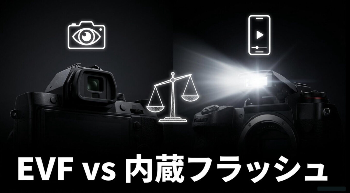 G7 X Mark III後継機のEVFと内蔵フラッシュ 後継機に期待されるEVFと内蔵フラッシュを写真用途とSNS用途で比較した図