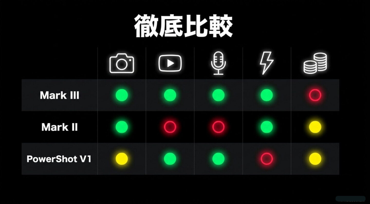 G7 X Mark IIIとMark IIとPowerShot V1の比較 G7 X Mark III、Mark II、PowerShot V1を写真、動画、音声、フラッシュ、価格で比較した図