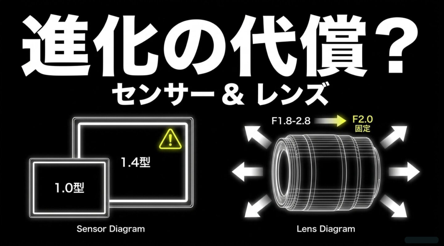 G7 X Mark III後継機のセンサーとレンズ予想 G7 X Mark III後継機で噂される1.4型センサーとF2固定ズームレンズの図