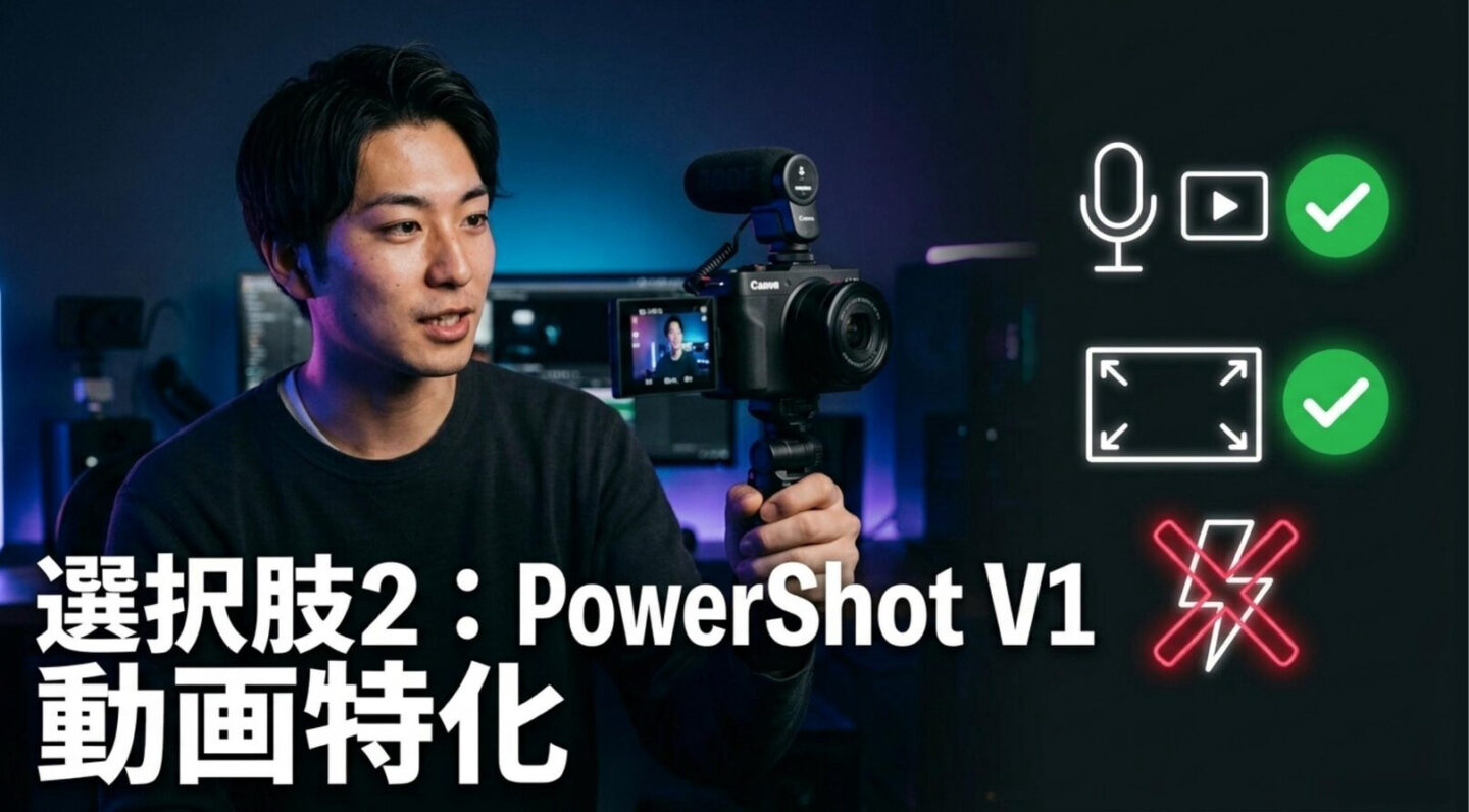 動画中心で選ぶPowerShot V1 動画やVlog中心ならPowerShot V1が候補になることを示す図