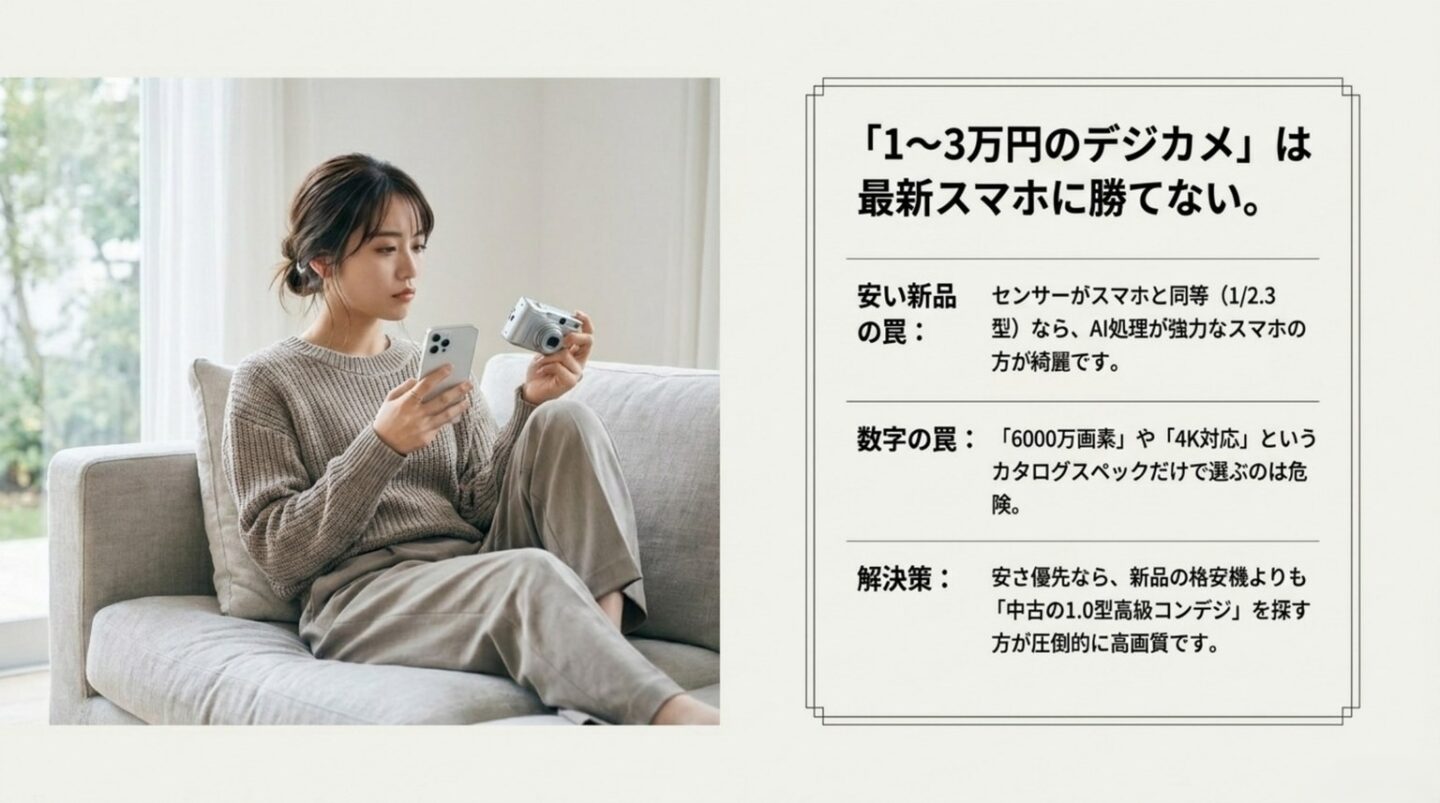 1万円から3万円の安いデジカメは最新スマホに画質で勝ちにくいことを示すスライド