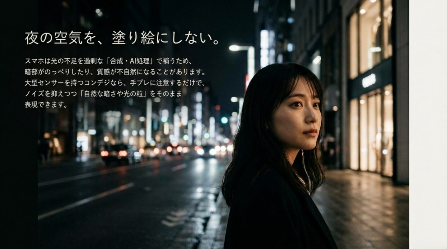 夜景でスマホのAI処理に頼りすぎず大型センサーで自然な暗さを残すイメージ