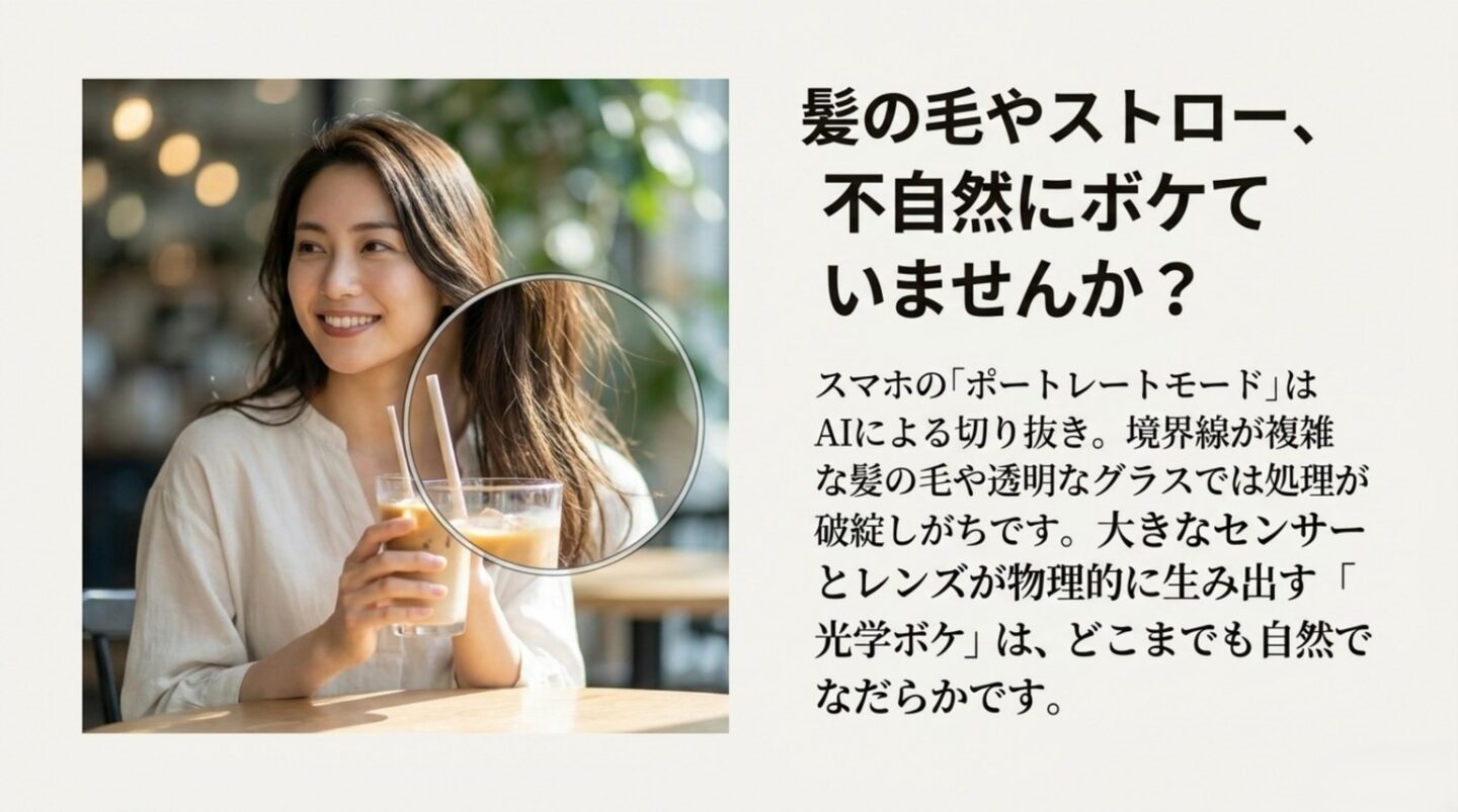 髪の毛やストローの境界線がスマホのポートレートモードで不自然にボケやすい例
