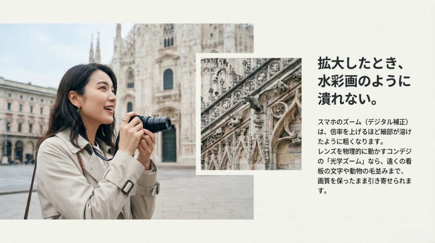 光学ズームなら遠くの建物の細部を画質を保って撮れることを示すスライド