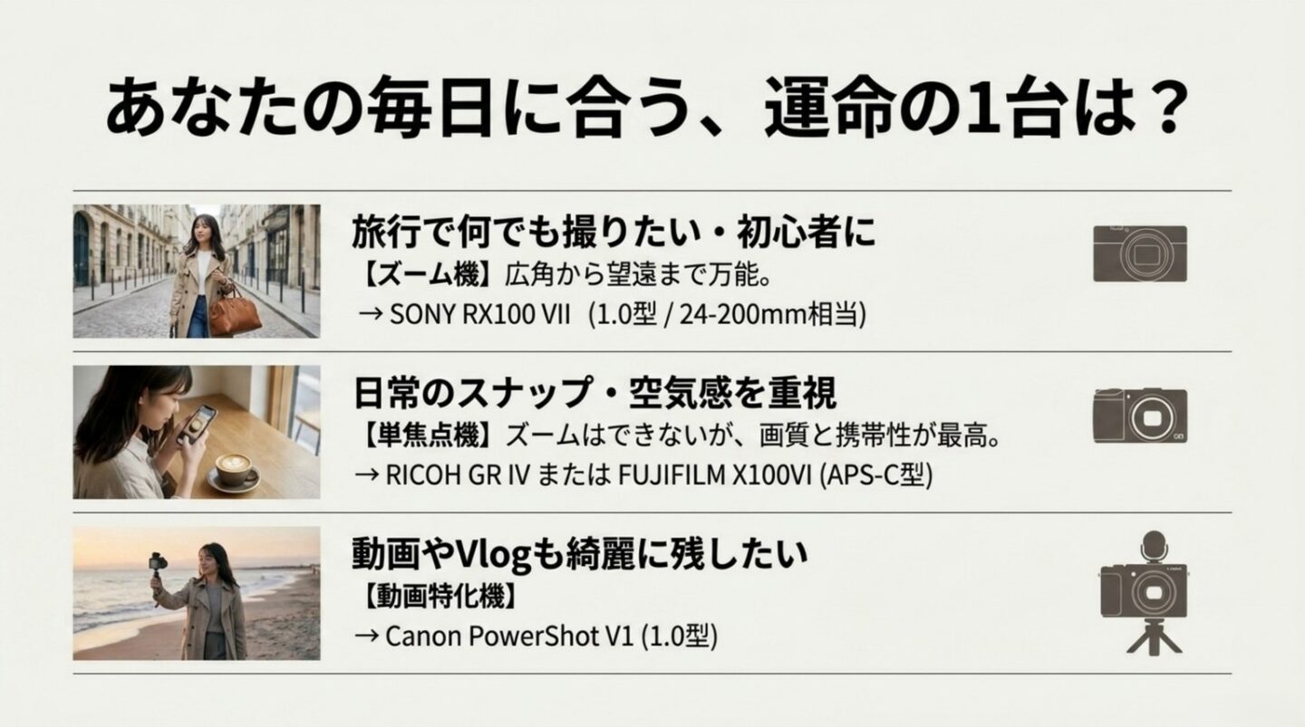 旅行用ズーム機、日常スナップ用単焦点機、動画向け機種の選び方を示すスライド