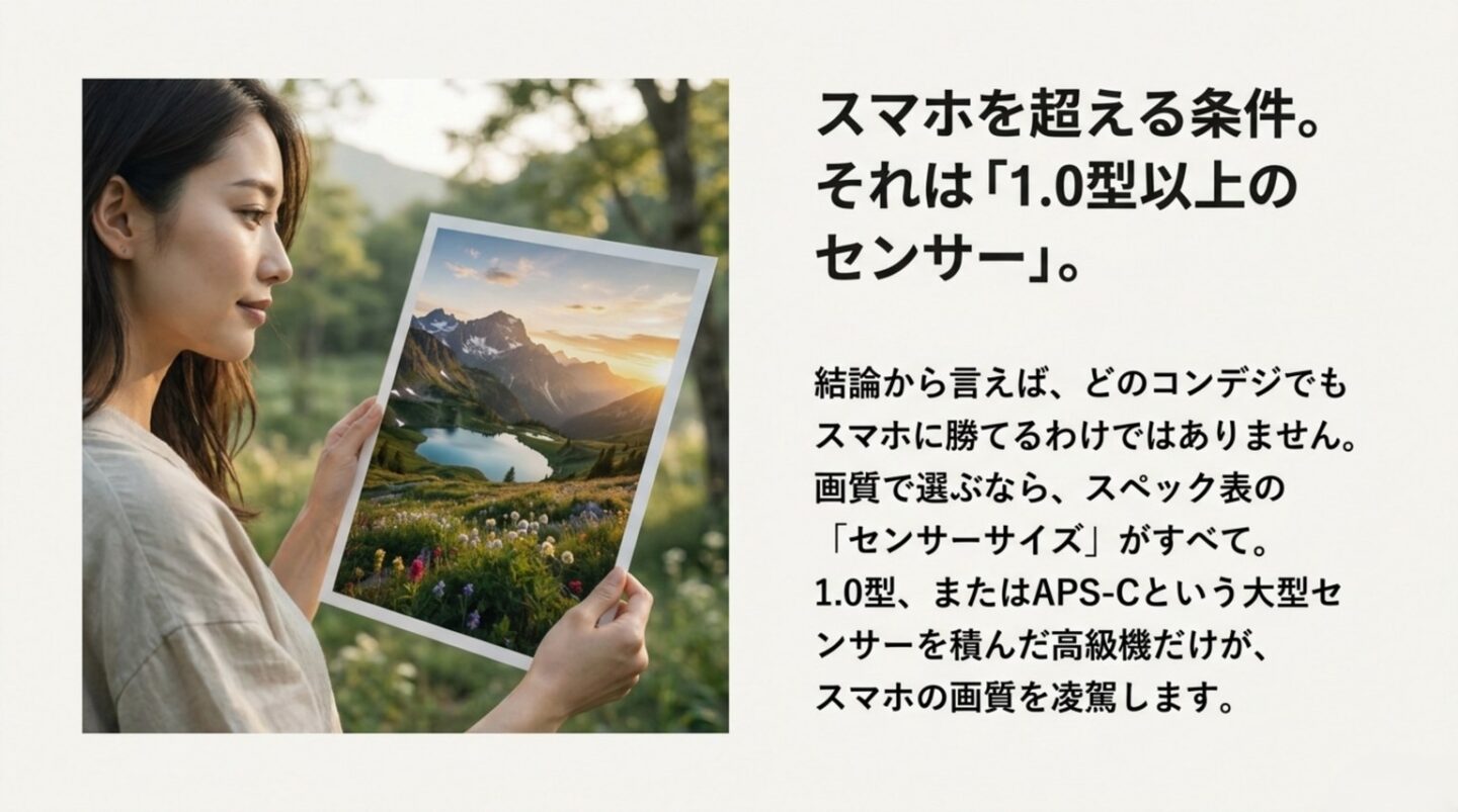 スマホを超える条件は1.0型以上のセンサーであることを示すスライド