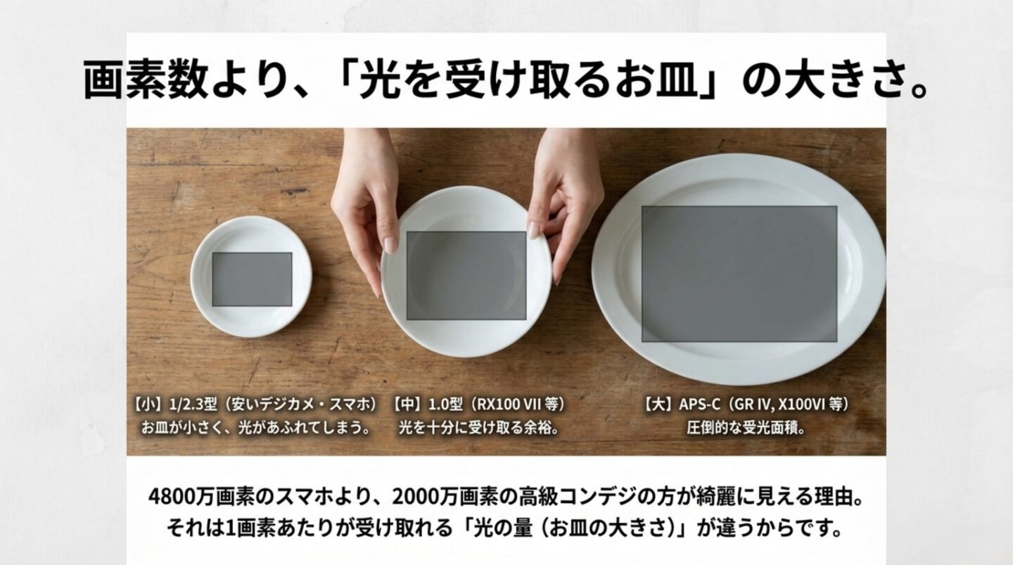 画素数より光を受け取るお皿の大きさが画質に影響することを示す図