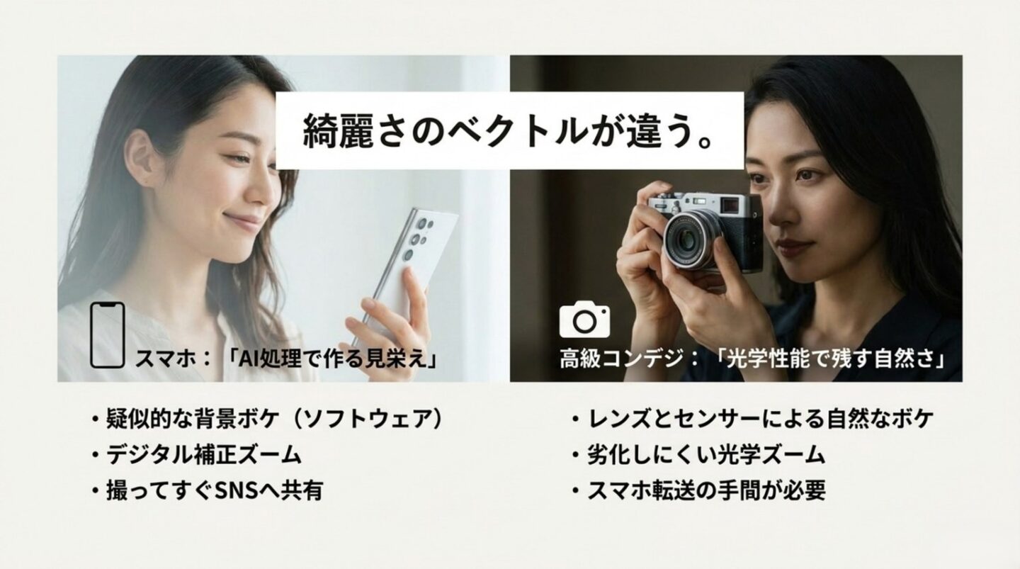 スマホはAI処理で見栄えを作り高級コンデジは光学性能で自然さを残す比較