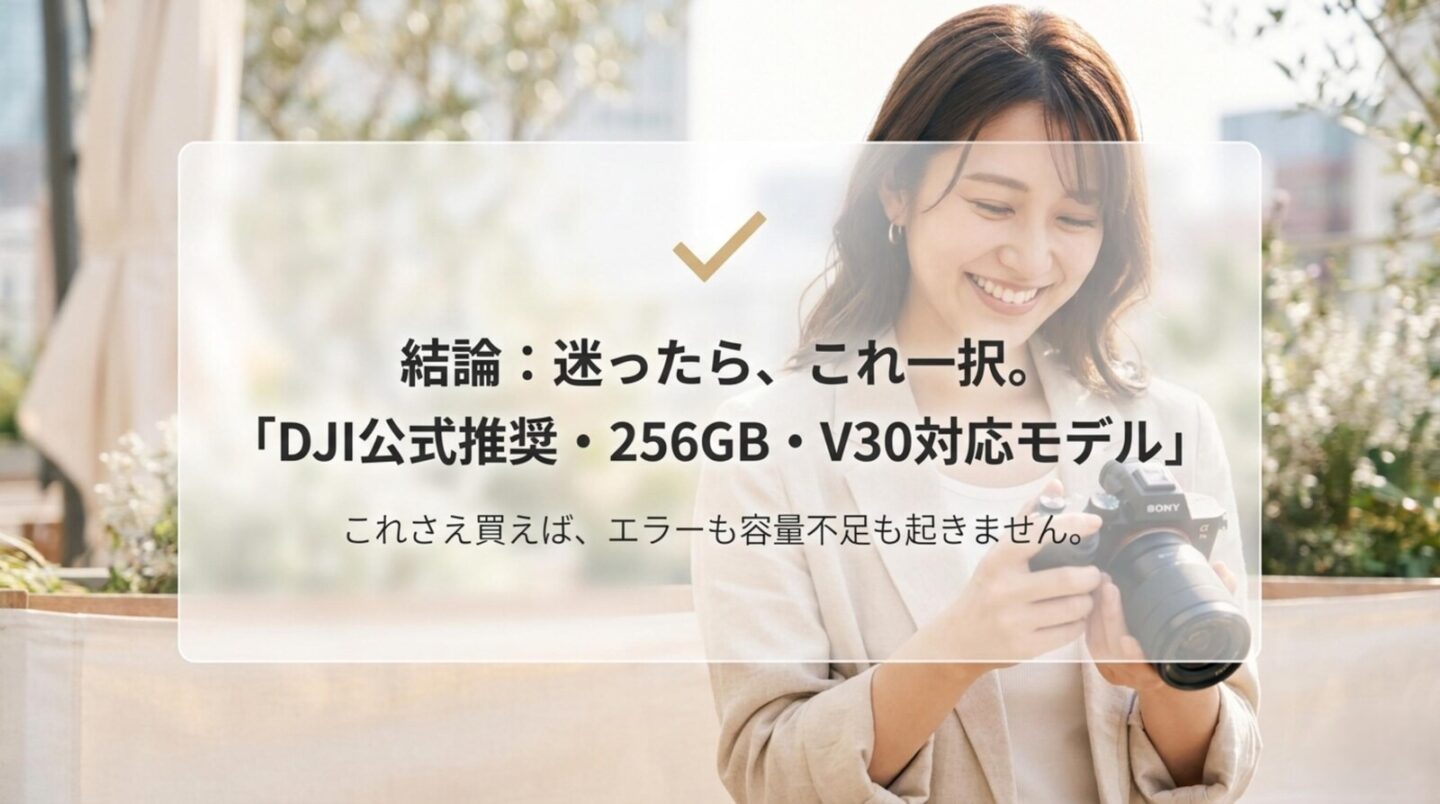 Osmo Pocket 4PはDJI公式推奨256GB・V30が基本 DJI公式推奨、256GB、V30対応モデルを迷ったときの結論として示すスライド