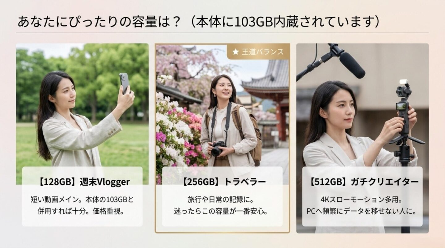 Osmo Pocket 4P用microSDカード容量の選び方 128GBは短いVlog、256GBは旅行、512GBは4K長時間撮影に向く容量比較
