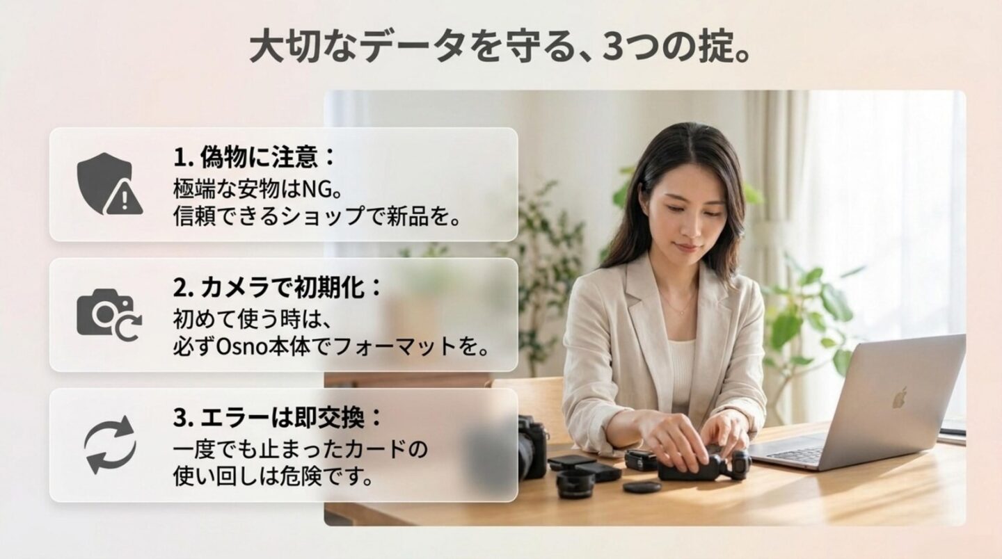 Osmo Pocket 4P用SDカードでデータを守る3つの注意点 偽物を避ける、本体で初期化する、エラー時は交換する3つの安全対策