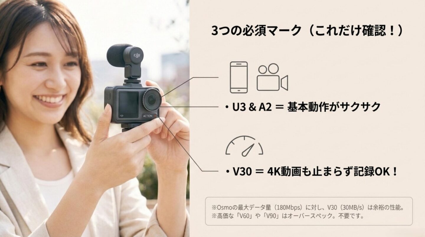 Osmo Pocket 4P用SDカードの必須規格U3・A2・V30 Osmo Pocket 4P用microSDカードで確認するU3・A2・V30の3規格を説明する図