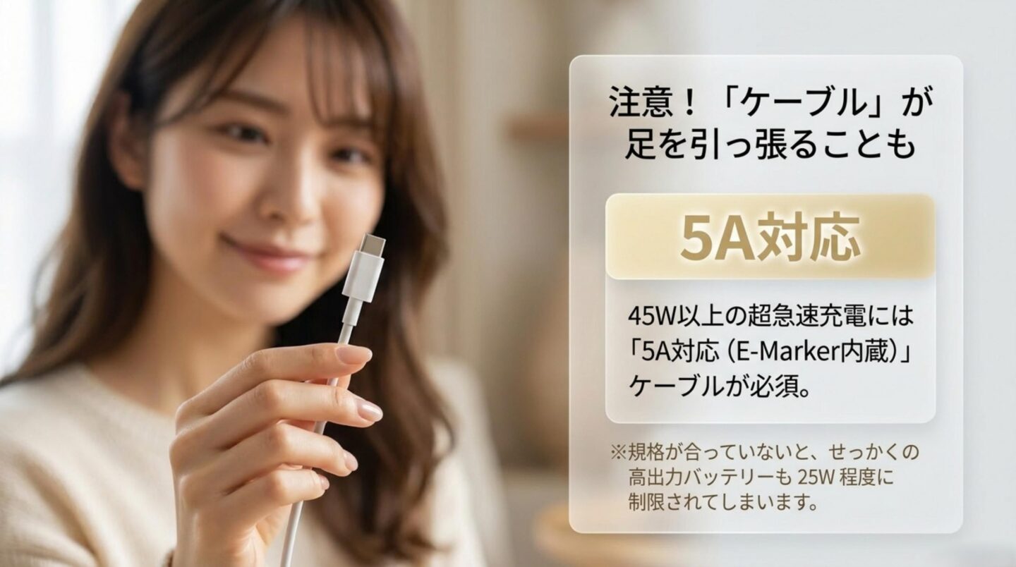 Galaxyの45W超急速充電では5A対応E-Marker内蔵USB-Cケーブルが必要と説明するスライド